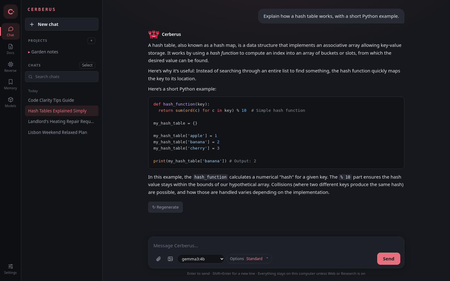 A Cerberus chat explaining hash tables with a highlighted Python example