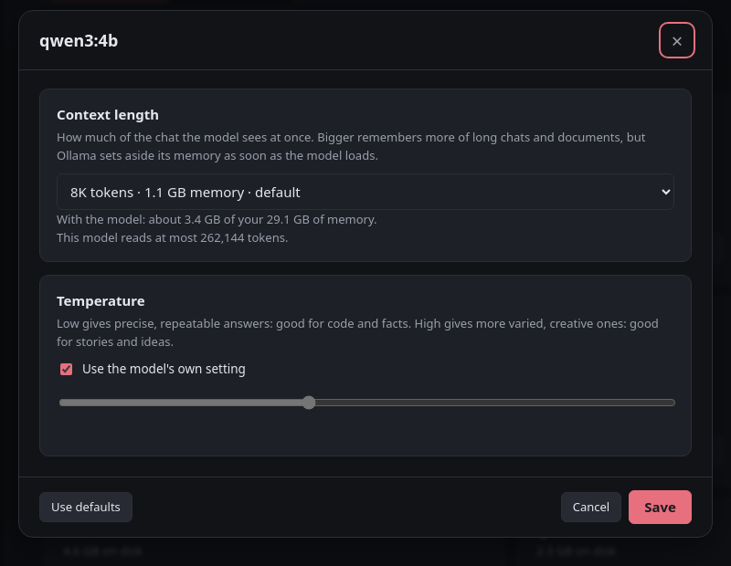 Model settings with context length and temperature
