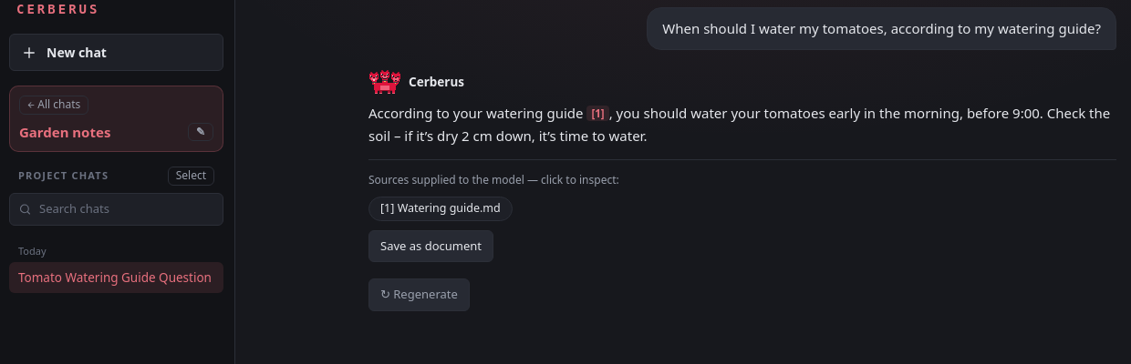 A project chat answering from a watering guide, with its source